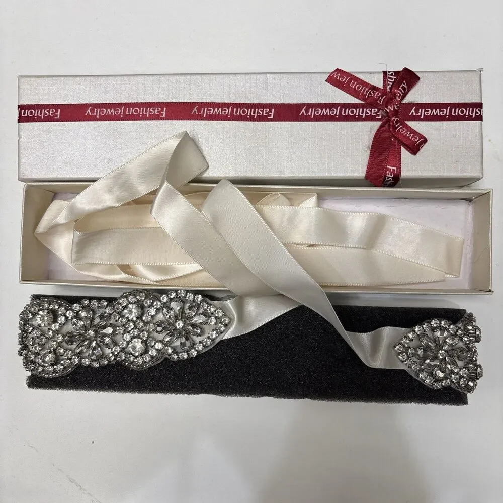 Bridal Rhinestone Wedding Ivory Satin Sash Belt Ribbon Fits 28-50 New Box